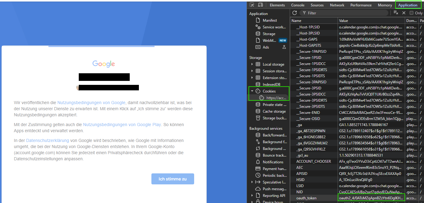 Finding oauth_token in DevTools' Application > Cookies panel