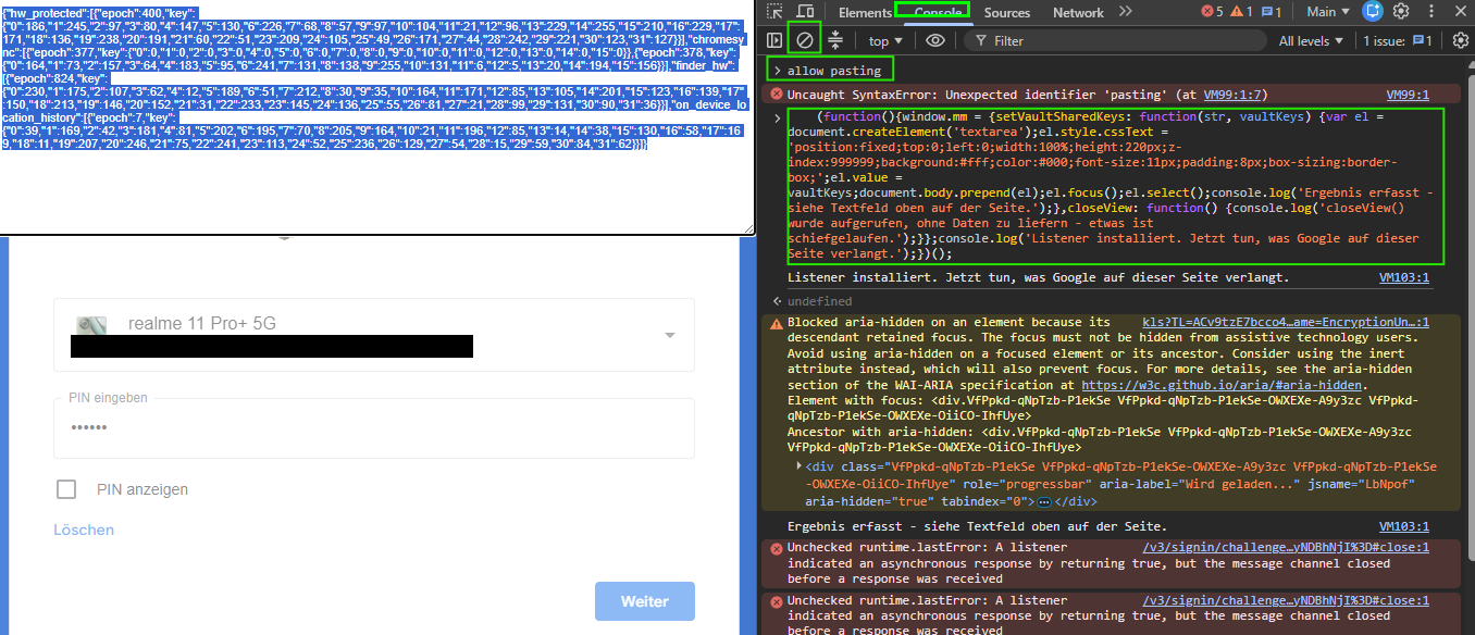Console tab with the pasted script, and the PIN/confirmation step of the encryption-unlock page