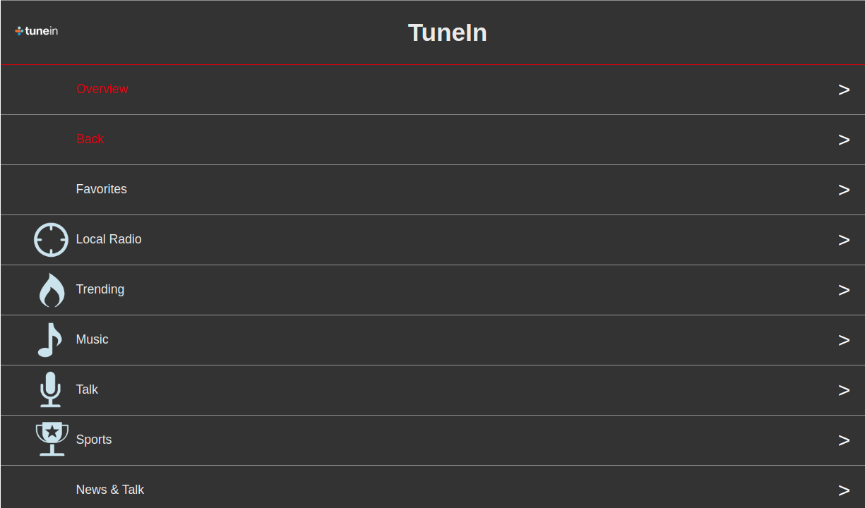 Просмотрите меню на TuneIn