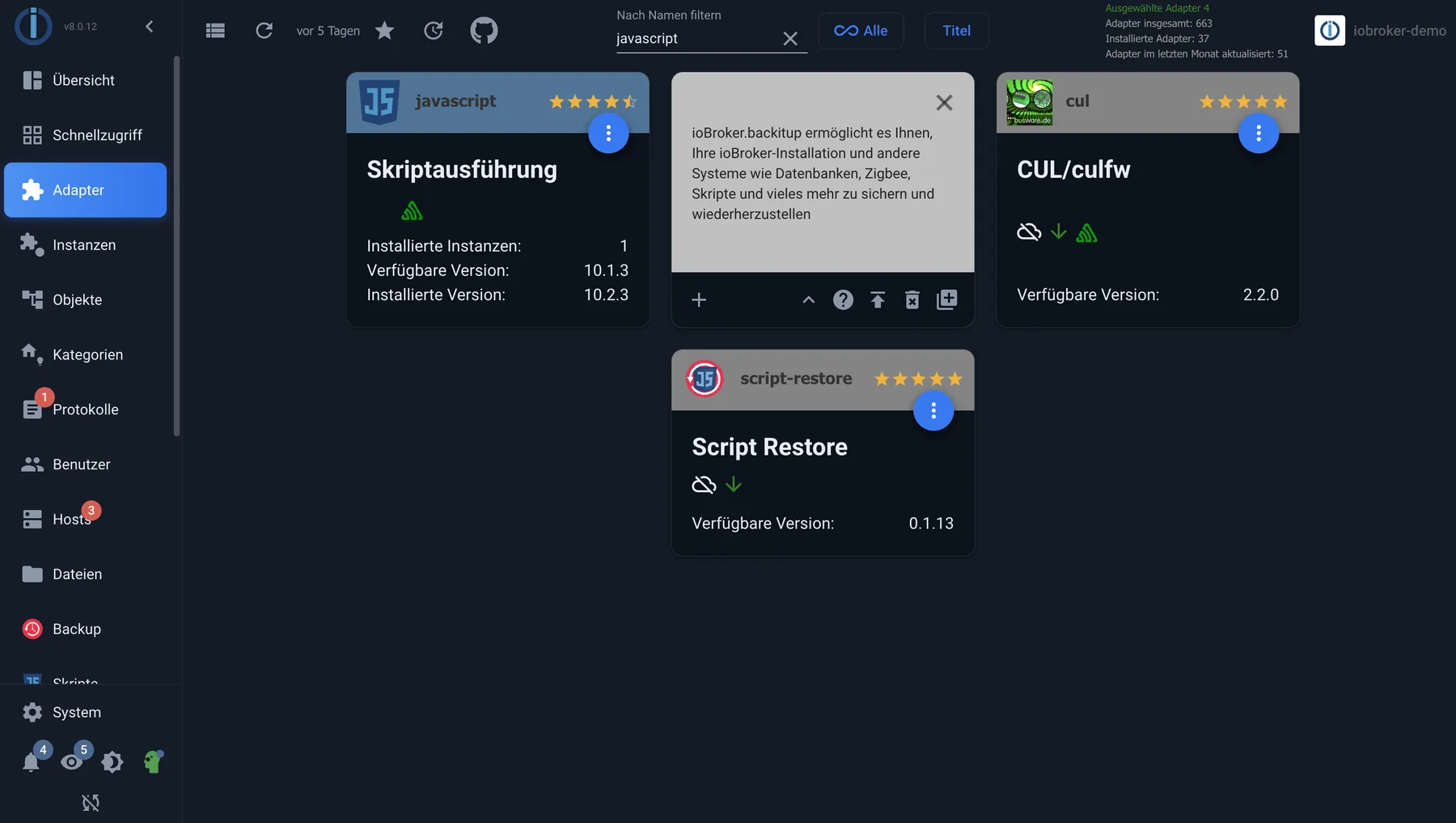 Der Reiter Adapter in der Kachelansicht, gefiltert nach javascript
